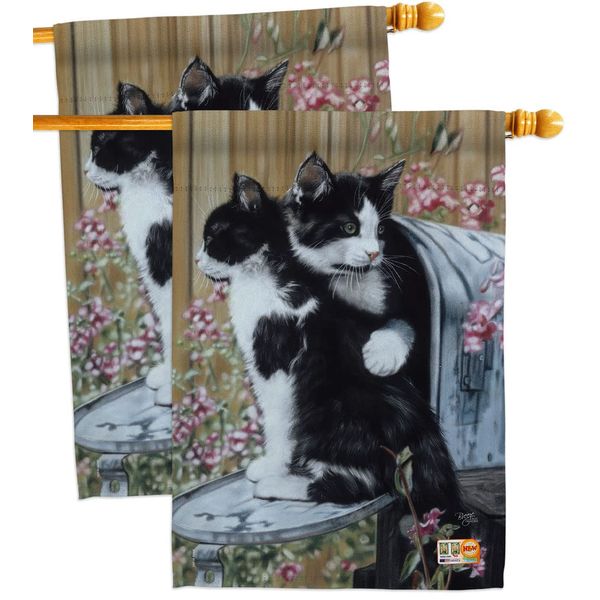 Breeze Decor Tuxedo Cat House Flag 2 pcs Pack Kitten Meow Spoiled Paw Fur Pet Nature Farm Animal Creature Decoration Banner Small Garden Yard Gift Double-Sided, Made in USA