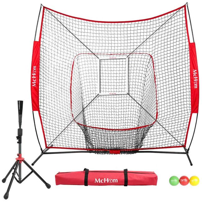 McHom 7' x 7' Baseball & Softball Bundle | Hitting & Pitching Practice Net | Includes Tee, 3 Weighted Balls, Strike Zone & Carry Bag | Collapsible & Portable