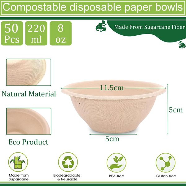 Disposable Small Paper Bowls White 7.7oz/220ml Bagasse Compostable Bowls Eco-Friendly Biodegradable Bowls,50Pcs Party Bowls Sugarcane Bowl Dessert Soup Bowl Serving Bowls for Hot/Cold Food,BBQ Picnic