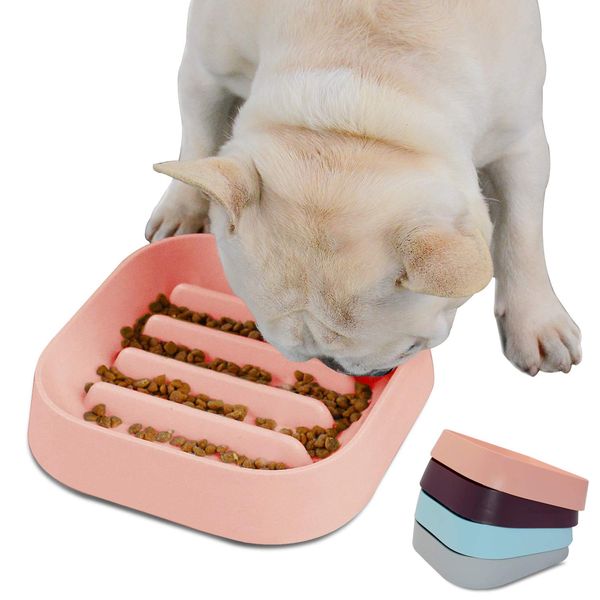 Hifrenchies Healthy Slow Feeding Dog Bowl for French Bulldog -Slow Feeder Dog Bowl No Chocking Dog Cat Food Water Bowl with Striped Pattern for Frenchie(Pink)