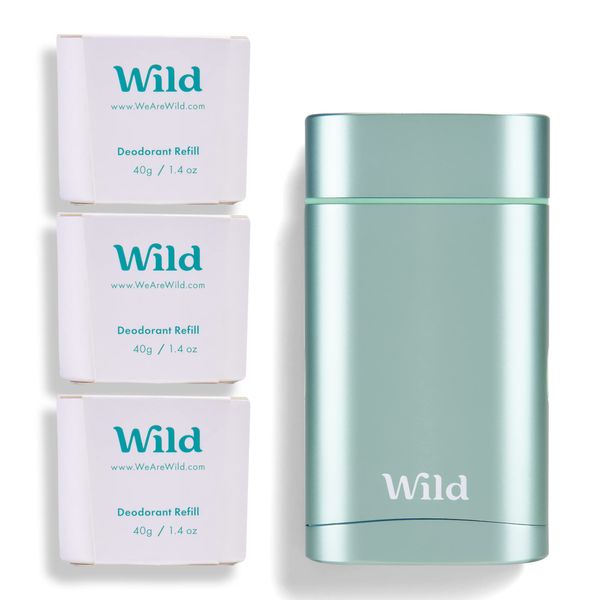 Wild - Natural Refillable Deodorant - Aluminium Free - Aqua Case with 3 x Fresh Cotton & Sea Salt Refill (40g) - Vegan & Eco-Friendly - Long Lasting Protection - 100% Natural Ingredients - Starter Kit