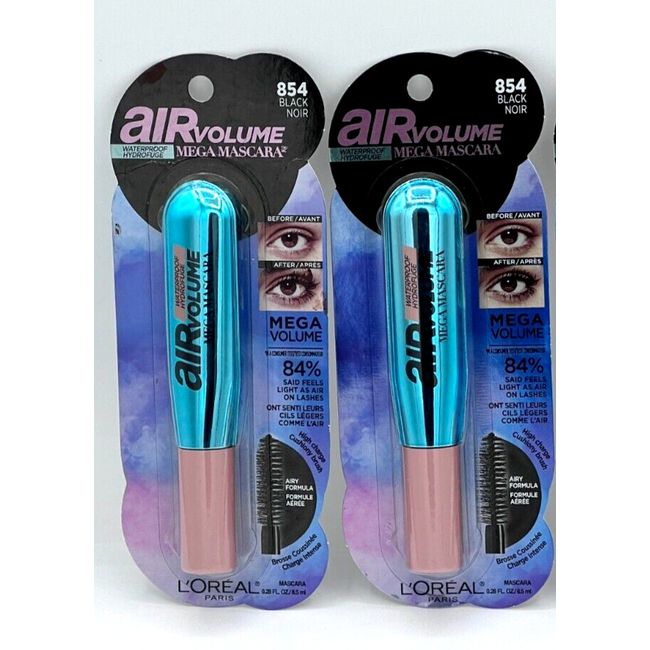 L'Oreal Air Volume Mega Mascara WATERPROOF 854  BLACK 0.3 oz -2 PACK