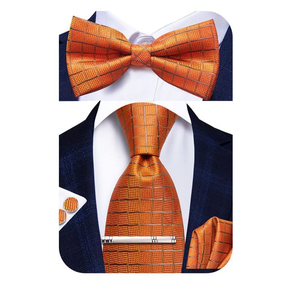 Hi-Tie Mens Orange Plaid Ties Set Silk Bow Tie and Silver Tie Clip with Pocket Square Cufflinks Set for Wedding Business