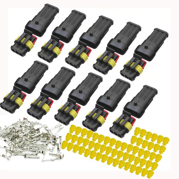 YETOR 3 pin connector kit, 10 Kit Car Auto Electrical Connectors, Series Terminals Water Resisted for Car, Truck, Boat(3 pin Connector)