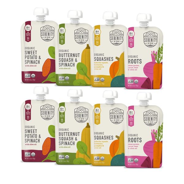 Serenity Kids 6+ Months Certified Organic Baby Food Pouches Veggie Puree | No Sugary Fruits or Added Sugar | Allergen Free | 3.5 Ounce BPA-Free Pouch | Variety Pack | 8 Count