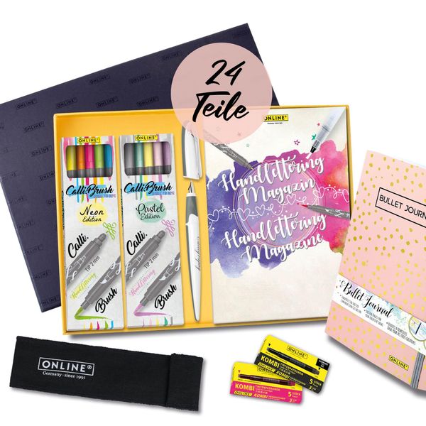 Online Handlettering Starter Set I Kalligraphie-Set mit 10 Brush Pens „Calli.Brush“, Kalligraphie-Füller, Bullet Journal, Handlettering-Heft, bunten Tintenpatronen & Leinenetui | Muttertagsgeschenk