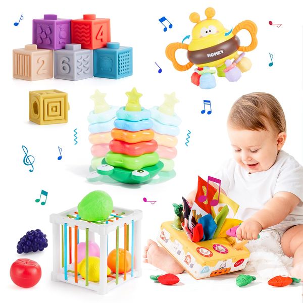 VoMii Montessori Baby Toys for Ages 6-18 Months -Stacking Blocks, Teething Toys, Sensory Shapes Storage Bin, Infant Bath Time Fun, 5 in 1 Educational Learning Set for 1 2 3 Year Old Boys Girls