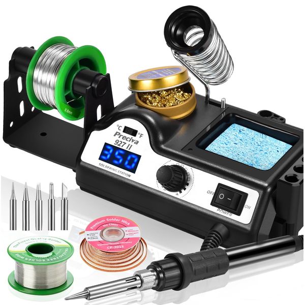 Preciva Soldering Iron Station, 60W Professional Digital Soldering Station, 90-480℃ Temperature Adjustable Repair Tool Kit with Soldering Tips, Solder Wire and Frame, Sponge, Suction Device, etc.