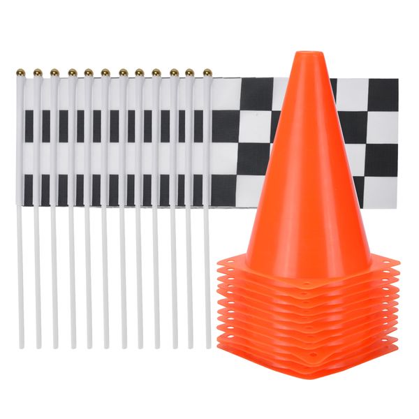 Kicko Traffic Cones & Racing Checkered Flags Set - Car and Racing Theme Birthday Decorations - Party Supplies - Ideal for Girls and Boys Birthday Party - Pack of 24 (12 Traffic Cones + 12 Flags)