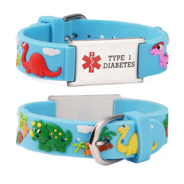 LinnaLove Medical Alert Bracelet for kids Cartoon Blue Dinosaur Boys medical id bracelet with Pre-engraving TYPE 1 DIABETES