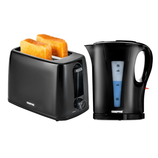 Geepas Electric Kettle & 2 Slice Bread Toaster Kitchen Combo Set | 2200W 1.7L Cordless Jug Kettle Boil Dry Protection & Auto Shut Off | 650W 6 Level with Browning Control & Crumb Tray | Black