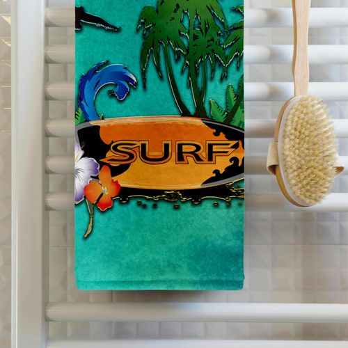 3D Rose Tropical Design with Surfboard-Palm Trees and Flowers Hand Towel, 15" x 22"
