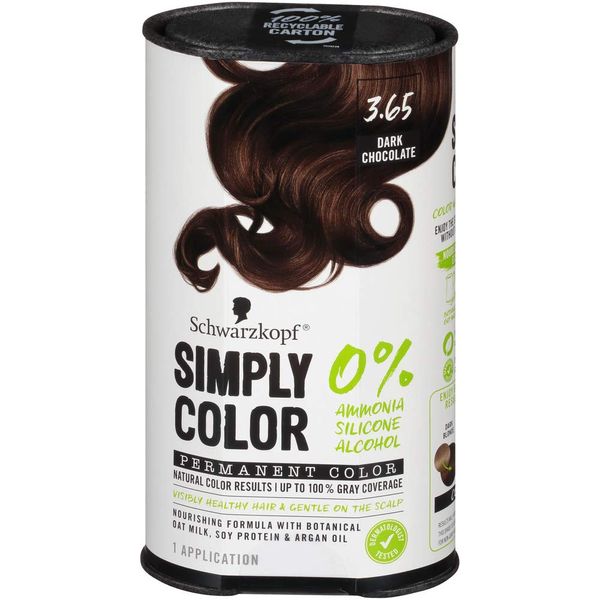 Schwarzkopf Simply Color Hair Color 3.65 Dark Chocolate Brown, 1 Application - Permanent Hair Dye for Healthy Looking Hair without Ammonia or Silicone, Dermatologist Tested, No PPD & PTD