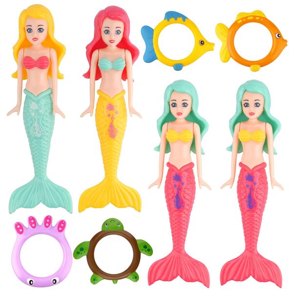 sacemontic 8er-Set Tauchspielzeug für Kinder – Meerjungfrau-Tauchringe & Schwimmbad-Zubehör mit Wasserspielen für den Pool-Spielzeug für Kinder ab 6 Jahre