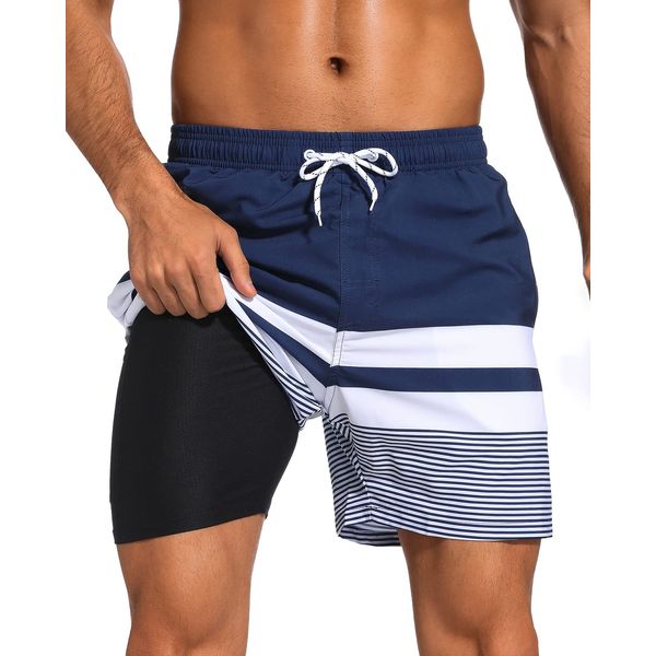 SILKWORLD Quick Dry Mens Swim Trunks with Compression Liner Stretch Swim Shorts Bathing Suits with Zipper Pockets,Dark Navy&White Stripes,Large