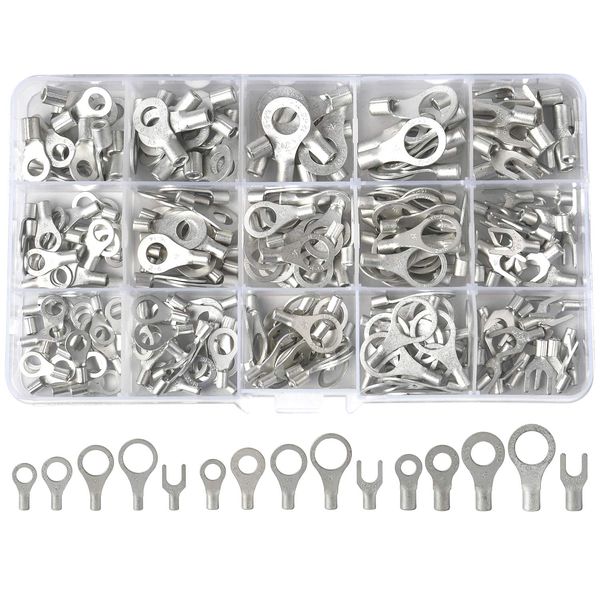 RockDIG 260PCS AWG 22-16 16-14 12-10 Copper Ring Fork Terminals Tin Plated Non-Insulated Electric Wire Connectors