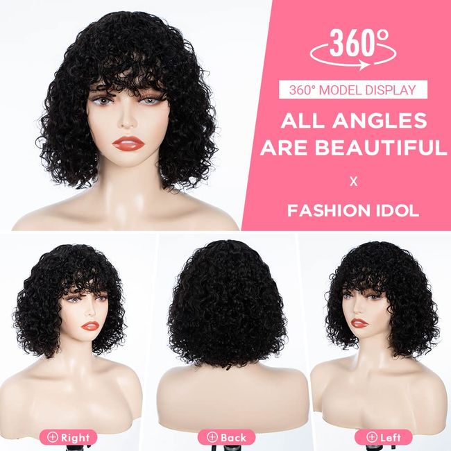 Bob Curly Human Hair Wigs with Bangs Jerry Curl Bob Wigs Human Hair Brazilian Virgin Human Hair None Lace Front Wigs for Women Machine Made Black Wigs 10Inch