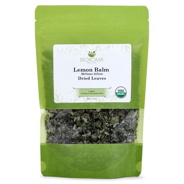 Biokoma Pure and Organic Lemon Balm (Melissae folium) Dried Leaves In Resealable Moisture Proof Pouch, USDA Certified Organic - Herbal Tea, No Additives, No Preservatives, No GMO (1.76oz)