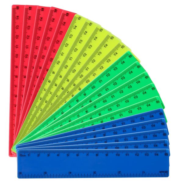 15cm Ruler Pack, Windspeed 20Pcs Colorful Rulers Straight Rulers with Inches and Centimeters, 6Inch Flexible Plastic Ruler Shatterproof for School Office Rulers (Green/Red/Yellow/Blue) (20)