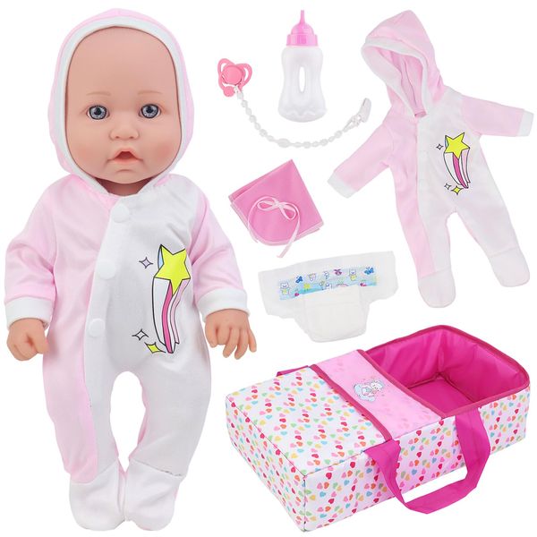 Ecore Fun 12 Inch Baby Doll with Bassinet Bed, Soft 12IN Baby Doll and Accessories Includes 12" Baby Doll, 12 Inch Doll Jumpsuit, Bottles, Pacifier, Diaper, Burp Cloth, First Baby Dolls for Kids