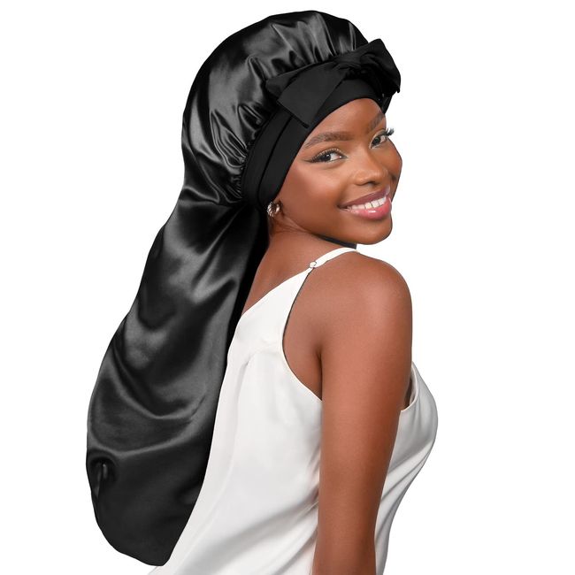 YANIBEST Satin Bonnet Silk Bonnet for Sleeping Double Layer Satin Lined Black Hair Bonnet with Tie Band Bonnets for Women Natural Curly Hair