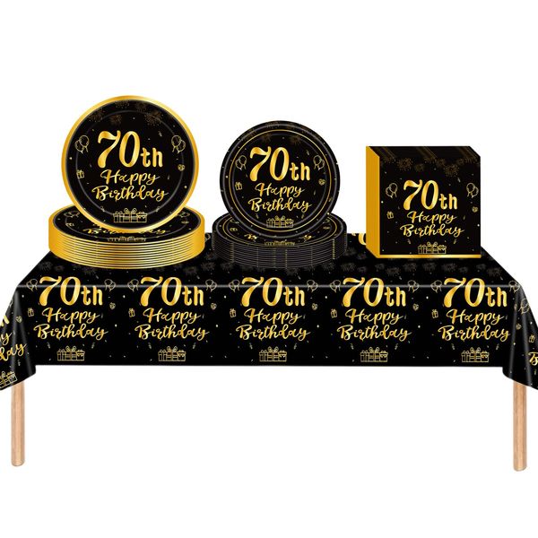 53Pcs Black Gold Happy 70th Birthday Party Tableware Plastic Table Cloth,7,9inch Paper Plates,Napkins for Man Birthday Table Decorations Disposable Party Tableware Set for Him Men Birthday Party