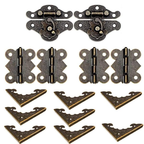 YUE Qin 14 PCS Antique Embossing Decorative Hasp Latch Lock Small Hinges Wooden Boxes Furniture Decorative Cabinet Jewelry Box with Butterfly Hinge and Box Corner Protectors Kit