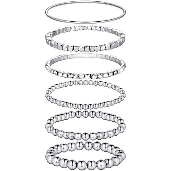 6 Pieces Bracelets Set for Women Stackable Elastic Bead Ball Bracelet Thin Bangle Bracelet Stretch Cubic Bead Bracelet Tennis Bracelet with Round Moissanite (Silver)