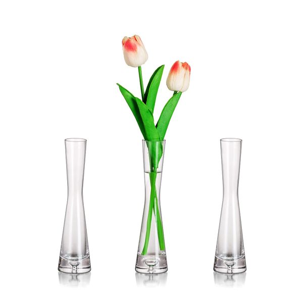 Glasseam Glass Handmade Tall Thin Flower Vase 3Pcs 20cm Modern Single Stem Narrow Clear Vases Living Room Table Centrepiece Slim Cylinder Home Decor for Wedding Ornaments Pampas Grass Tulip Rose