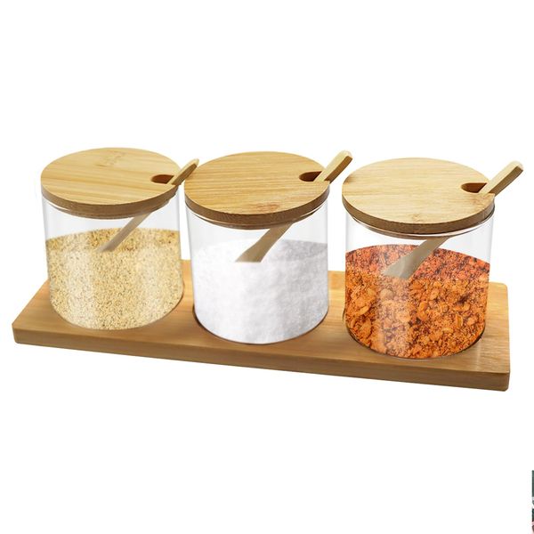 ICEBLUEOR 300ml Spice Jars with Bamboo Lids and Spoons, Set of 3 Glass Condiment Storage Jars with Base for Kitchen, Seasoning Box Set Spice Containers for Salt Sugar Pepper Coffee etc