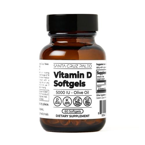 Santa Cruz Paleo Vitamin D Supplement, Bone Health & Immune Support, 5000 i.u. Per Softgel, Gluten Free, Keto, Sugar Free, Paleo, Vitamin D3, Olive Oil for Absorption, Natural Ingredients, 60 Softgels