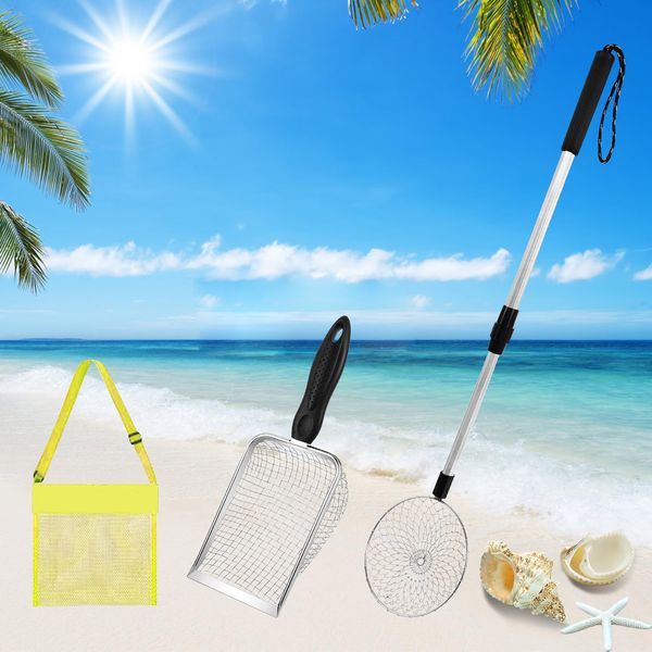 CIEOVO 4 Pcs Shelling Tools Set, Include Beach Sand Sifter with Extra Long Adjustable Handle Mesh Beach Bag Beach Mesh Shovel Sand Scoop for Kids Collecting Shells Beach