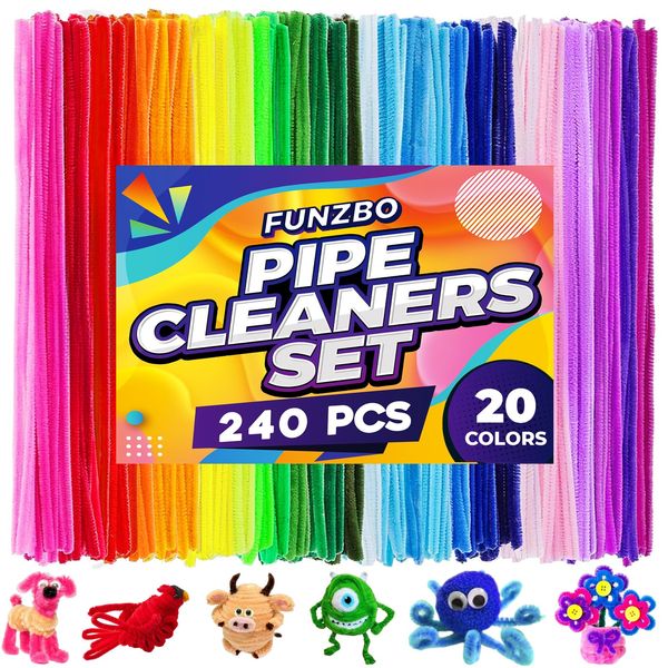 FUNZBO 240pcs 20 Colors Pipe Cleaners Craft Supplies - Arts and Crafts, Chenille Stems Creative DIY Arts, Crafts for Kids, Girls and Boys, Gifts for Kids Age 4+ (6mm x 12in)