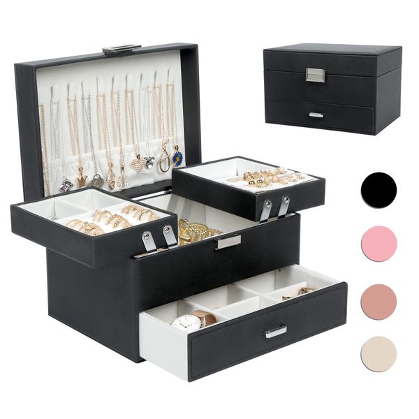 Dajasan Jewelry Boxes for Women Girls, Jewelry Organizer Box, 3 Layers Jewelry Storage Organizer for Earring, Ring, Necklace, Bracelets (Black)