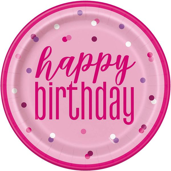 Unique Party 83607 Pink Happy Birthday Round Paper Plates-9" Silver | 8 Pcs, 8 Count (Pack of 1)