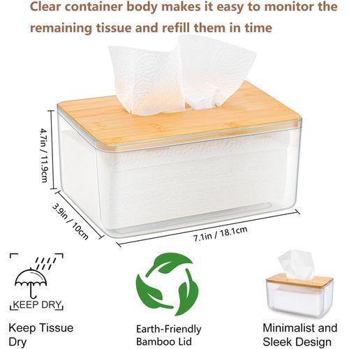 Clear Tissue Holder, Acrylic Dryer Sheet Dispenser Box with Bamboo Lid, Transparent Container, Minimalist Design. Tissue Organizer for Laundry, Living Room, Bathroom, Bedroom, Medium Size