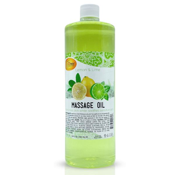 SPA REDI - Massage Oil, Lemon and Lime, 32 Oz - Professional Full Body Massage Therapy, Manicure, Pedicure - Relax Sore Muscles and Repair Dry Skin, Enhanced with High Absorption Oils and Vitamin E