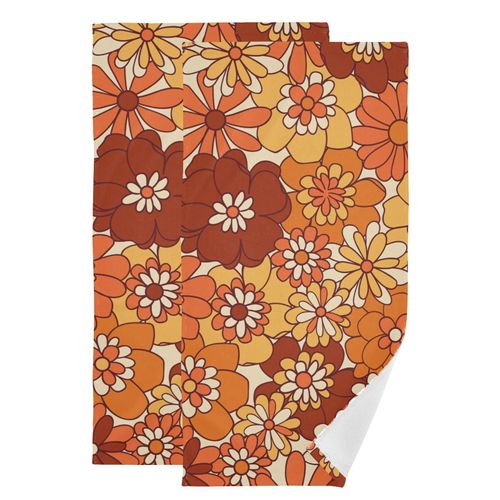SUMNEESHA Orange Floral Hand Towels for Bathroom Set of 2 Retro Boho Aesthetic Cute Groovy Flower Bath Towels Soft Absorbent Decorative Fingertip Towels Face Towels Kitchen Dish Towels 14.4"x28.3"