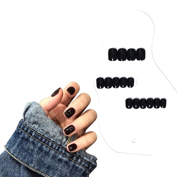 Fuyunohi Nail Tips, Black, False Nails, Short, Set of 24, With Double Sided Tape, False Nails, Black, Plain, Scene Prop, Sticker, Strong, Nail Item, Easy to Apply, Durable, Convenient, Office, Unique, Cool