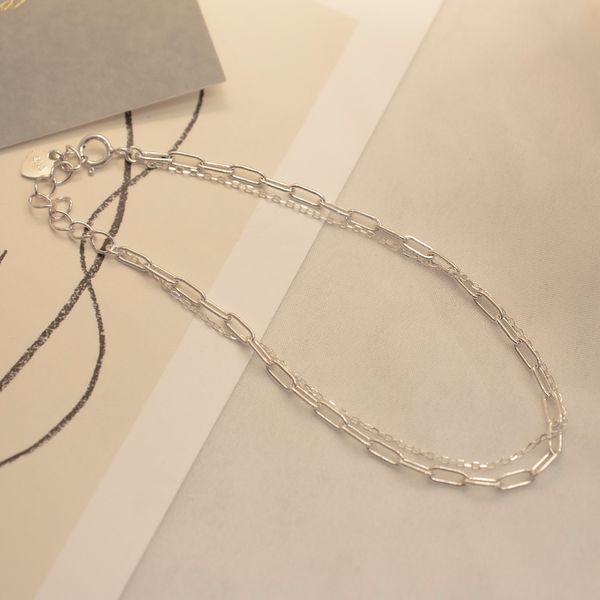 925 Silver Double Row Clip Chain Layered Simple Daily Silver Bracelet Moodieve