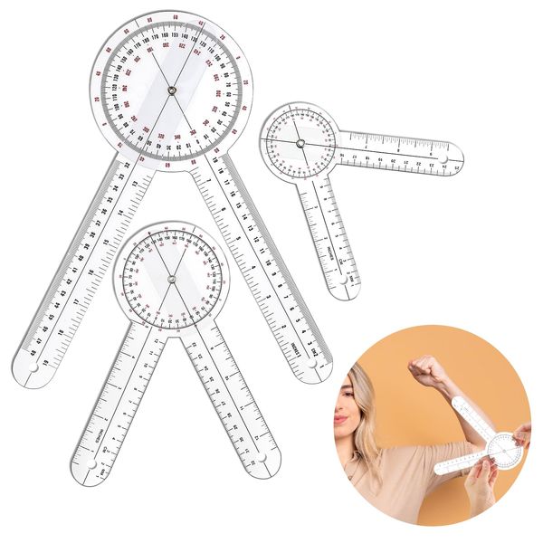 Prasacco Goniometer Set, 3 Pcs of 6/8/12 Inch Physical Therapy Protractor Tool Protractor Angle Ruler Measuring Tool Plastic 360 Degree Goniometer for Body Measuring Tape Goniometer Protractor Ruler