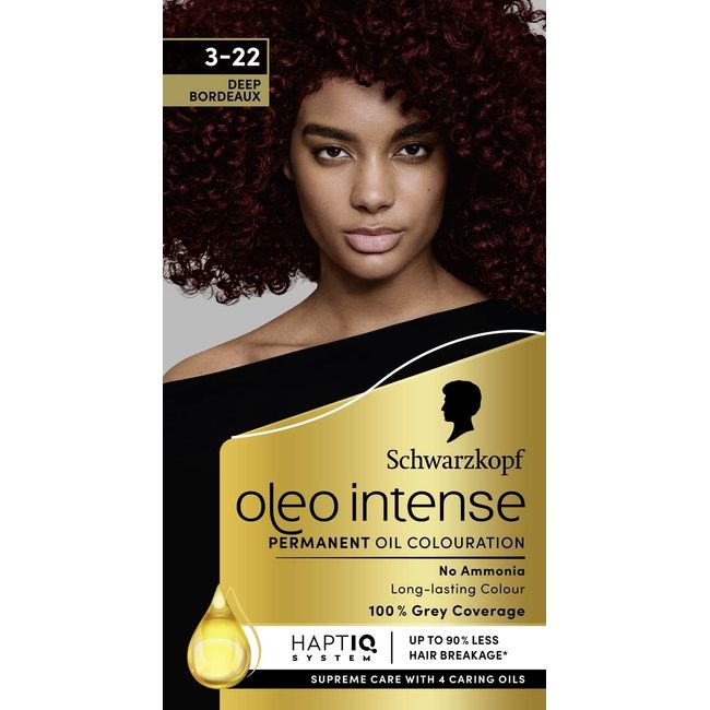 Schwarzkopf Oleo Intense Permanent Oil Colour 3-22 Deep Bordeaux Hair Dye, 100% Grey Coverage, Conditioner with HaptIQ System, Long-Lasting Colour, Ammonia Free Hair Dye