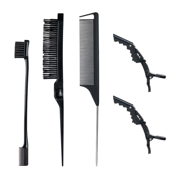 3 Stück Sleek Bun Neckerei Bürsten Set Schwarz, Borsten Haarbürste Stiel Kamm, Rattenschwanz Haarkamm, Doppelkanten Bürste Kämme Pflege Kanten mit 2 Alligatorclips für Friseurin Frauen Baby Kinder