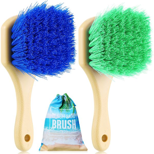 Remerry 2 Pcs Beach Sand Remover Brush with Drawstring Bag, Beach Accessories Scrub Brushes for Cleaning Beach Soft Bristle Brush for Summer Vacation Water Sports Volleyball Party (Blue and Green)