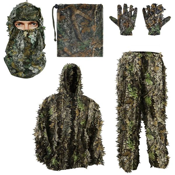 PELLOR 3D Ghillie Tarnanzug, Dschungel Ghillie Suit Woodland Camouflage Anzug Kleidung mit Camouflage Kappen Handschuhe für Jagd Verdeckt,6-teilig (XL