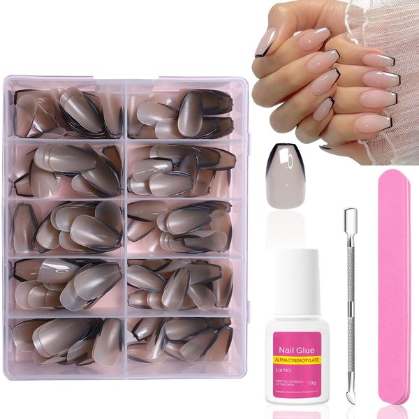 Ceboic French Press on Nails, 240Pcs Medium Coffin Fake Nails Black Tip French False Nail Kit, Full Cover Stick on Nails with Nail File, Cuticle Pusher and Glue, Nude Color Nail Tips for Women Girls