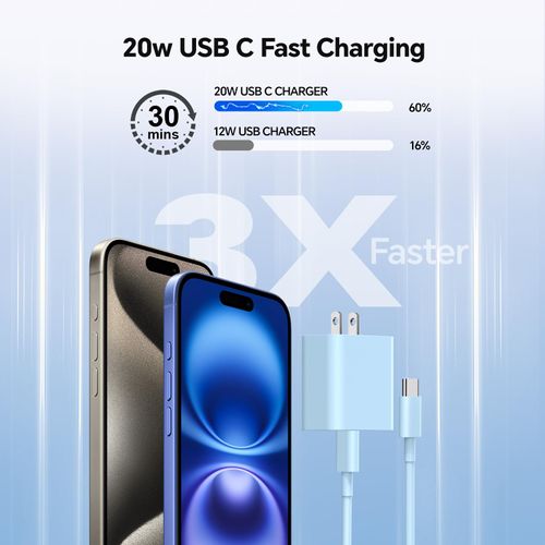 Riofxqin Charger Fast Charging, 20W Type C Wall Charger Block with 10FT Long USB C Charging Cable Cord for i Phone 15 16/Plus/Pro Max/Pro - Pink Blue
