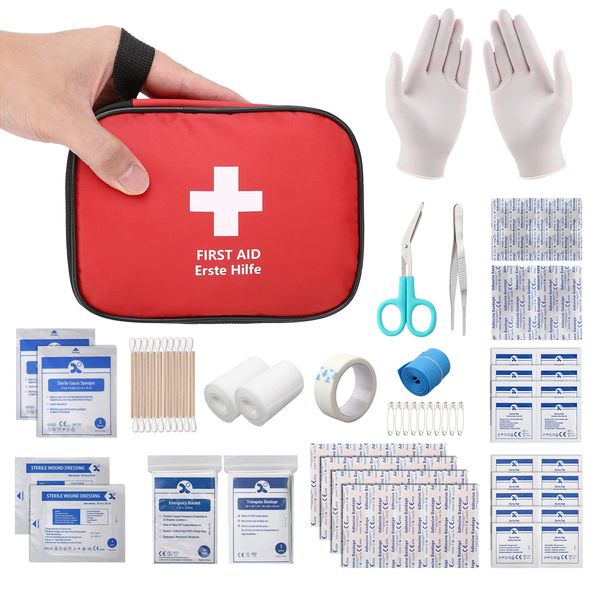 HONYAO® Mini First Aid Kit 90 Pcs, Small Travel First-Aid Bag, Compact Survival Kit for Outdoor Home Office Car Camping Hiking Children Motorbike Red