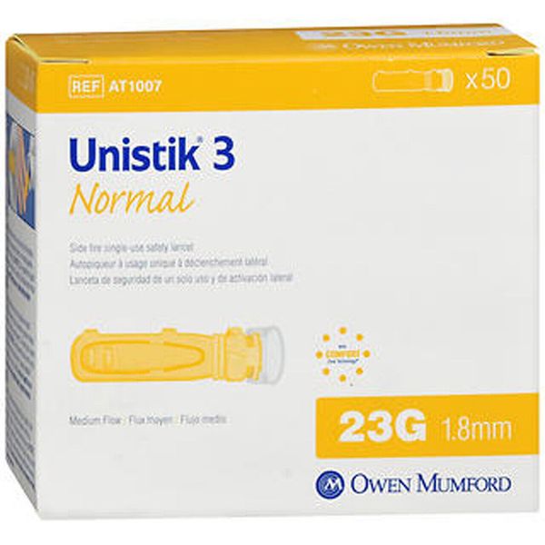 Unistik 3 Normal 23G Single Use Safety Lancets 50 ct ( yellow )