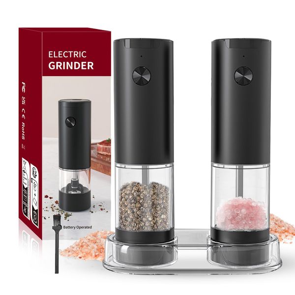 Viitech 2 Pcs Electric Salt and Pepper Grinder Set with Base Holder and Brush, 95ml Battery Powered Electric Pepper Grinder, Adjustable Coarseness Pepper Grinders with LED Light for Kitchen